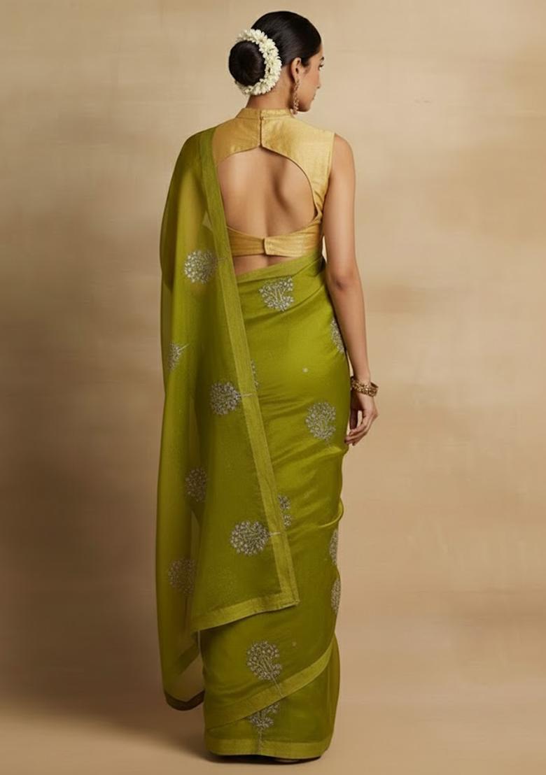Olive Green Embroidered Organza Pre Draped Saree Set - Indya