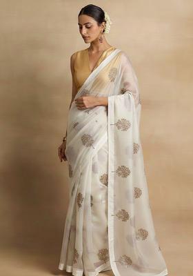 White Embroidered Organza Pre Draped Saree Set