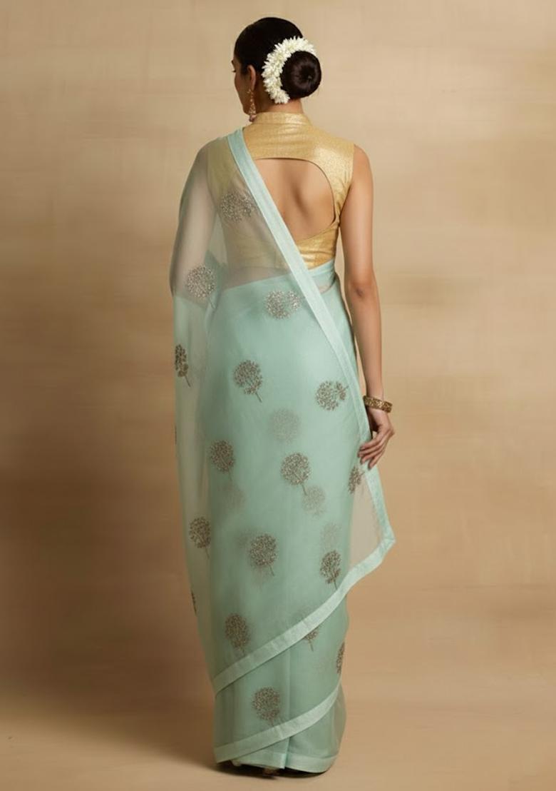 Light Blue Embroidered Organza Pre Draped Saree Set - Indya
