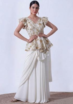 Off White Embroidered Crepe Fusion Set