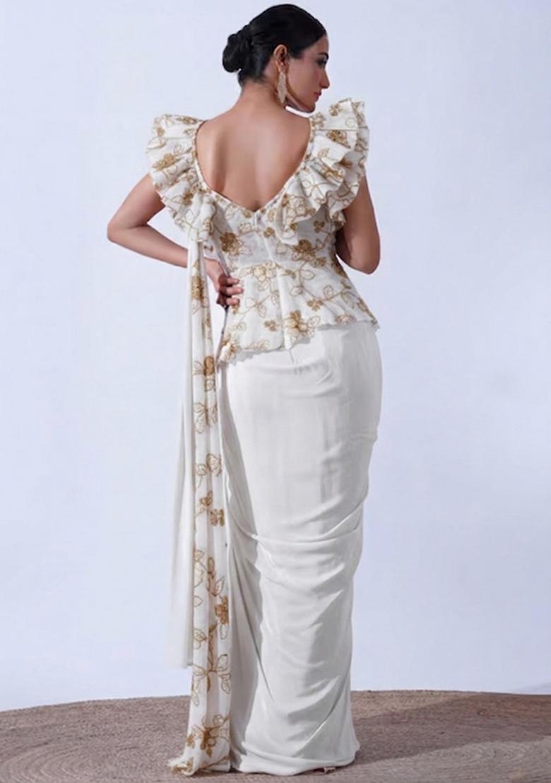 Off White Embroidered Crepe Fusion Set - Indya