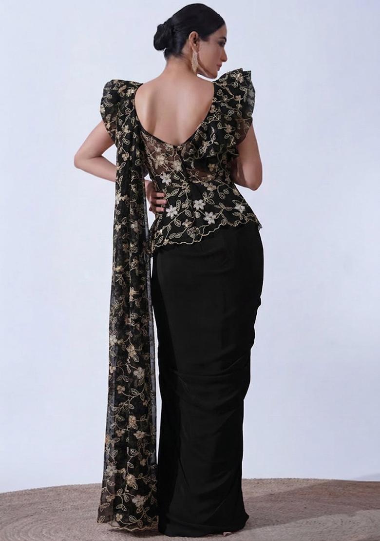 Black Embroidered Crepe Fusion Set - Indya