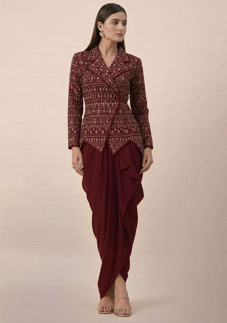 Burgundy Sequin Net Fusion Set - Indya