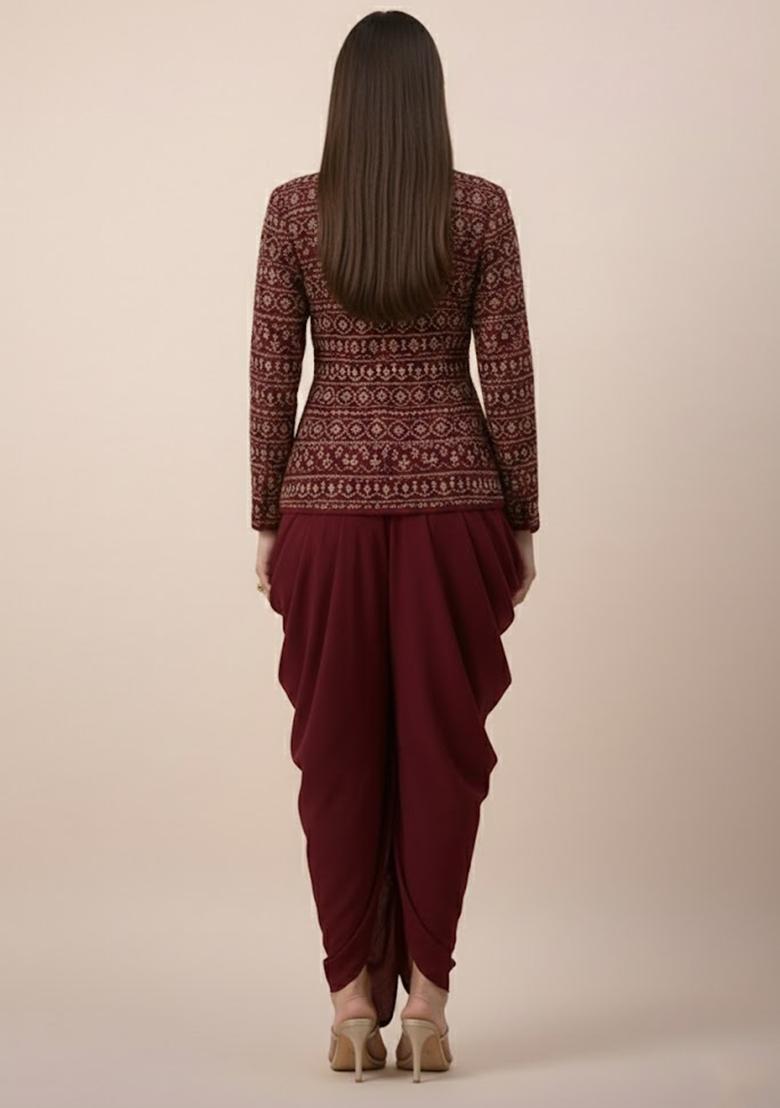 Burgundy Sequin Net Fusion Set - Indya