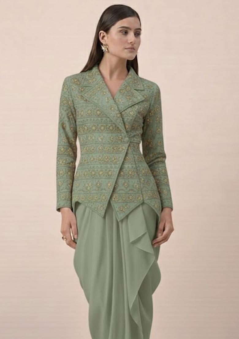 Sage Green Sequin Net Fusion Set - Indya