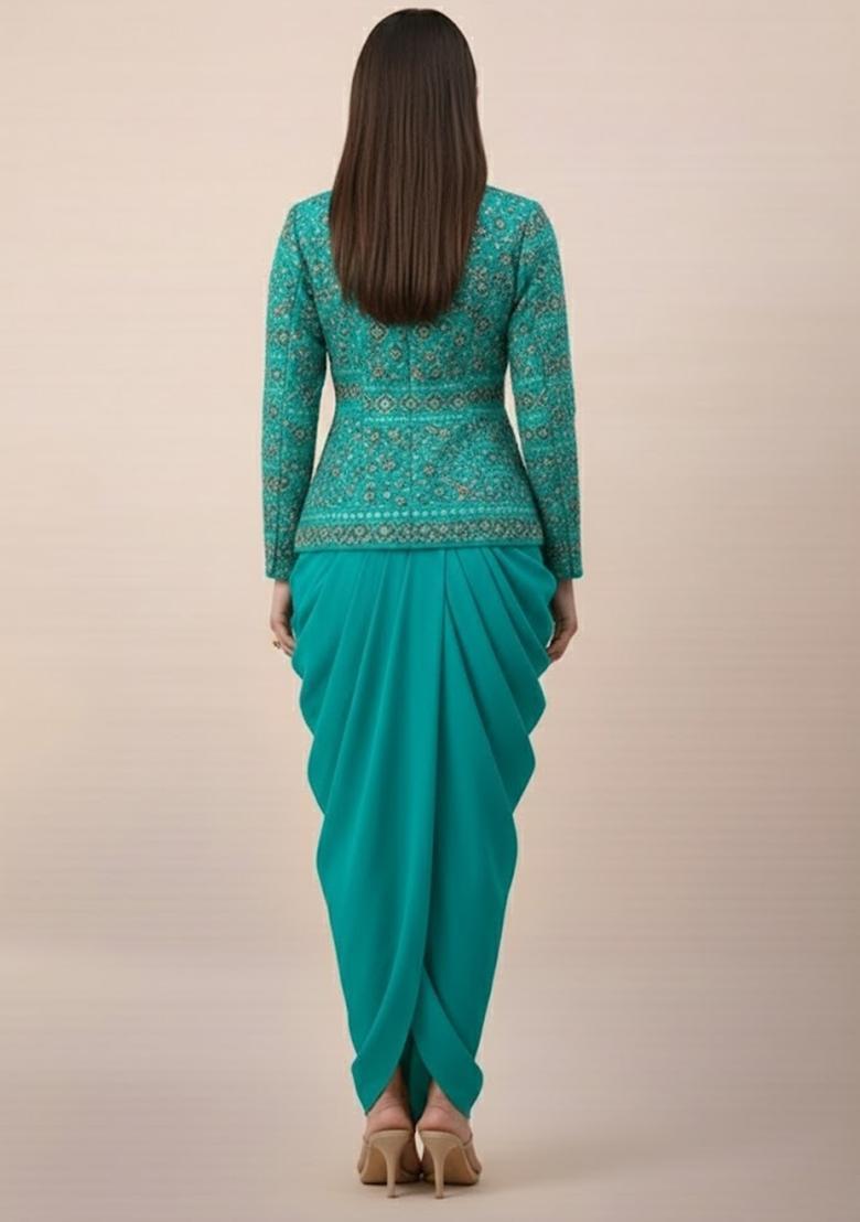 Turquoise Sequin Net Fusion Set - Indya