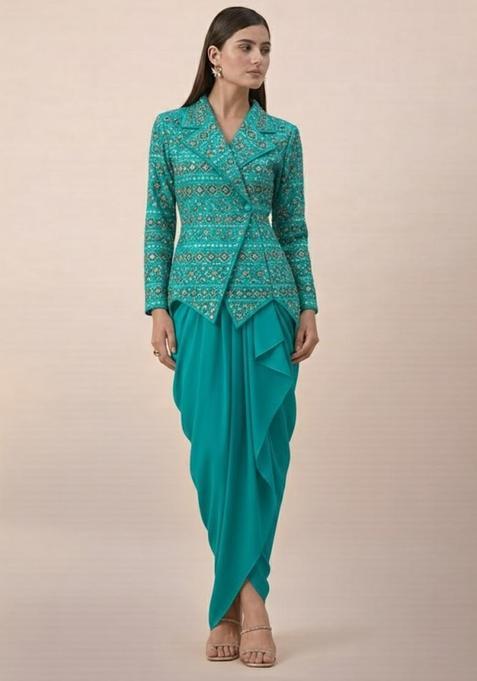 Turquoise Sequin Net Fusion Set