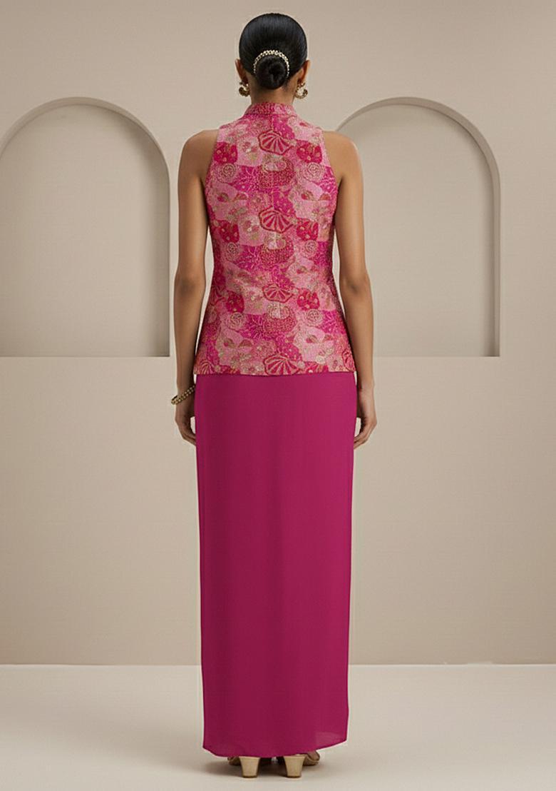 Magenta Pink Floral Print Crepe Fusion Set - Indya