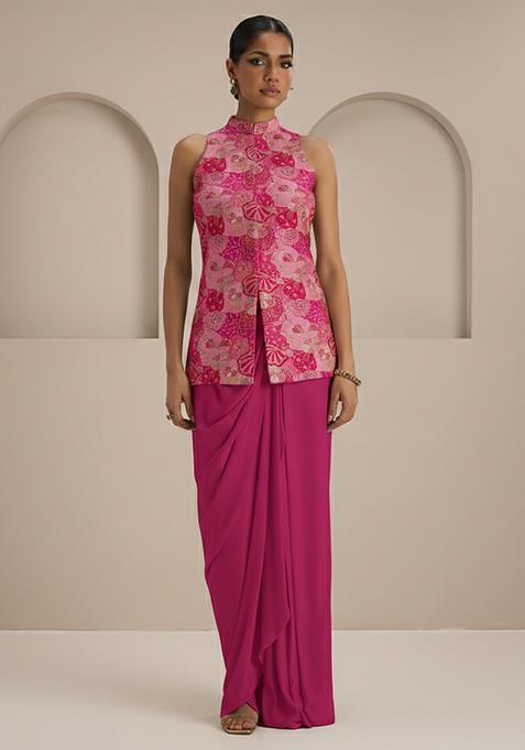 Magenta Pink Floral Print Crepe Fusion Set