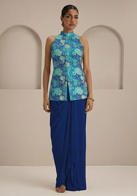 Royal Blue Floral Print Crepe Fusion Set
