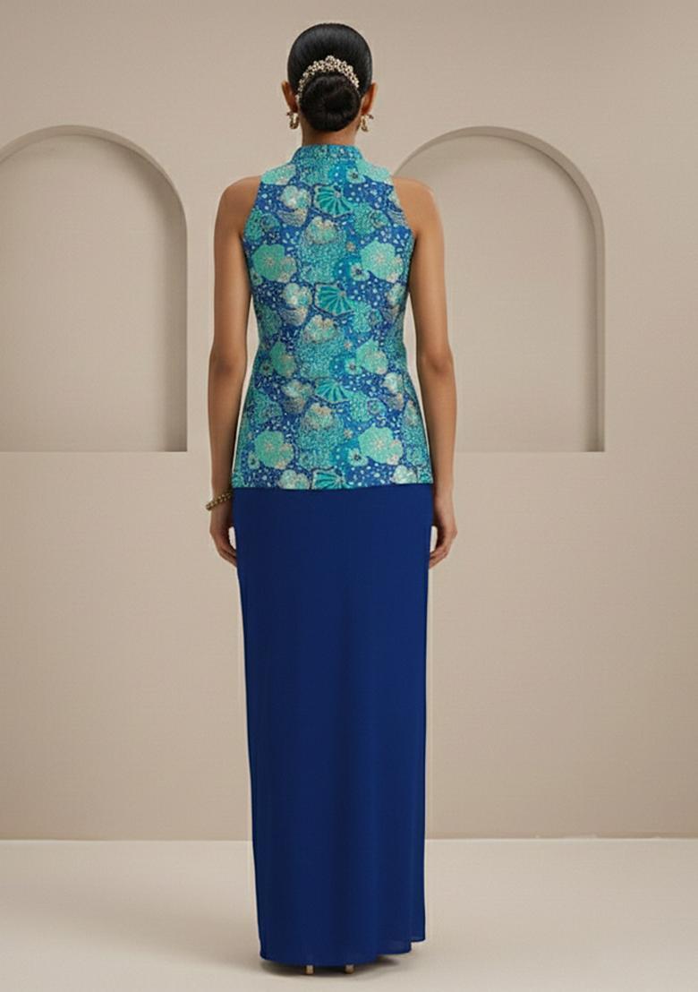 Royal Blue Floral Print Crepe Fusion Set - Indya