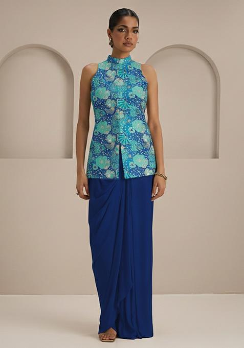 Royal Blue Floral Print Crepe Fusion Set