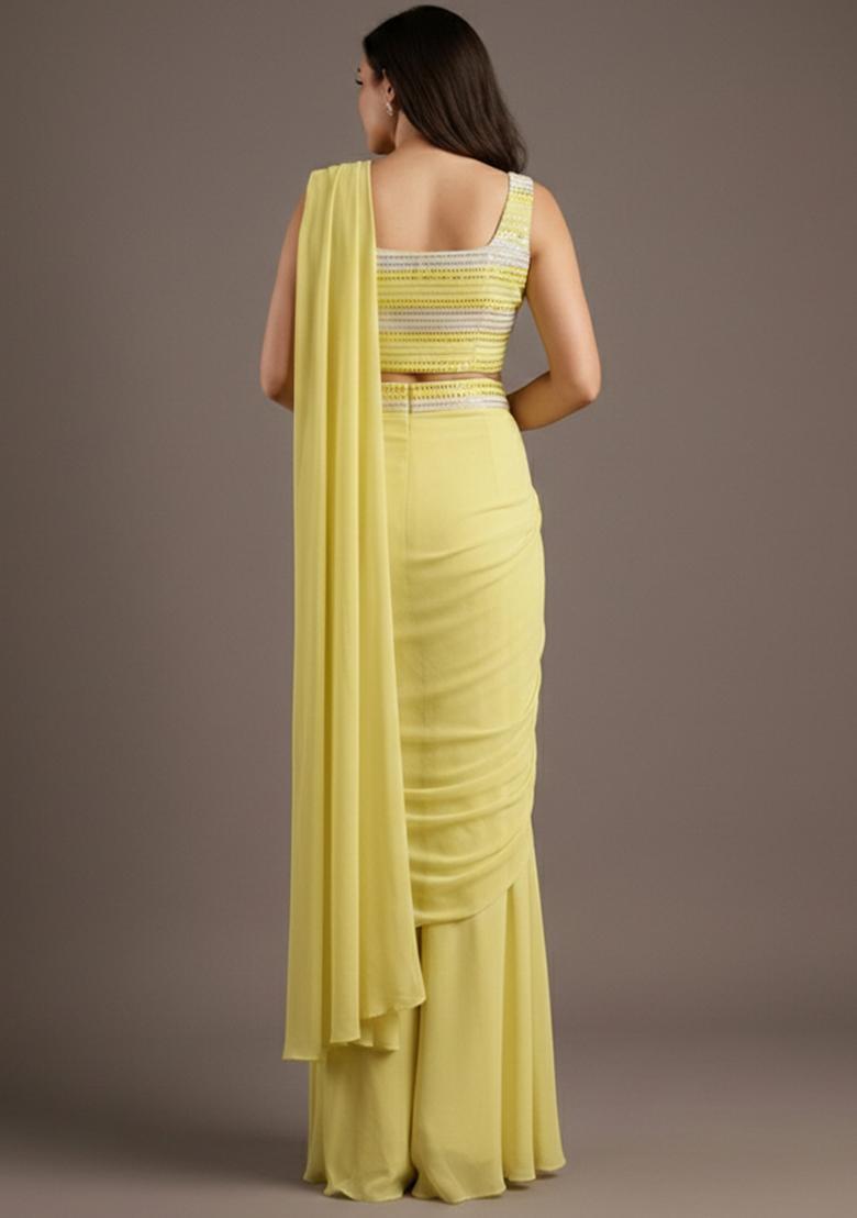 Yellow Embroidered Georgette Fusion Set - Indya