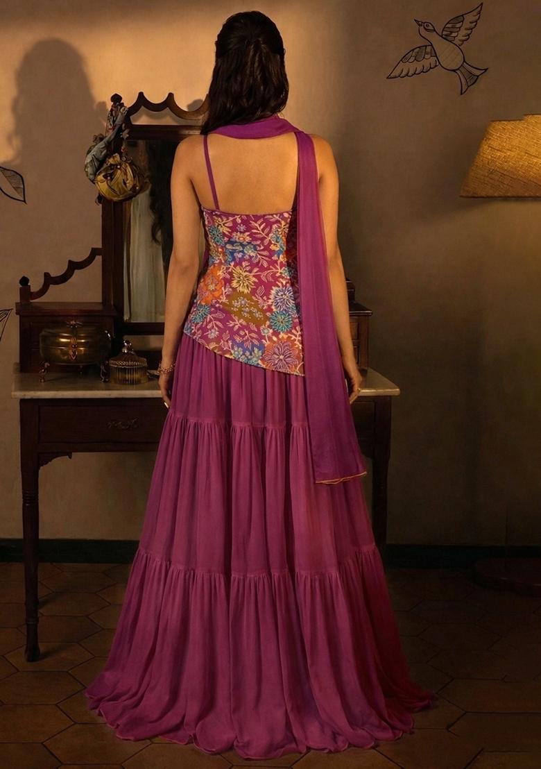 Purple Floral Print Crepe Sharara Set - Indya