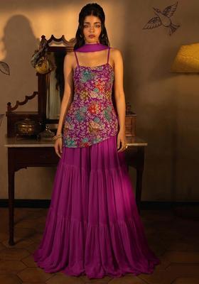 Purple Floral Print Crepe Sharara Set