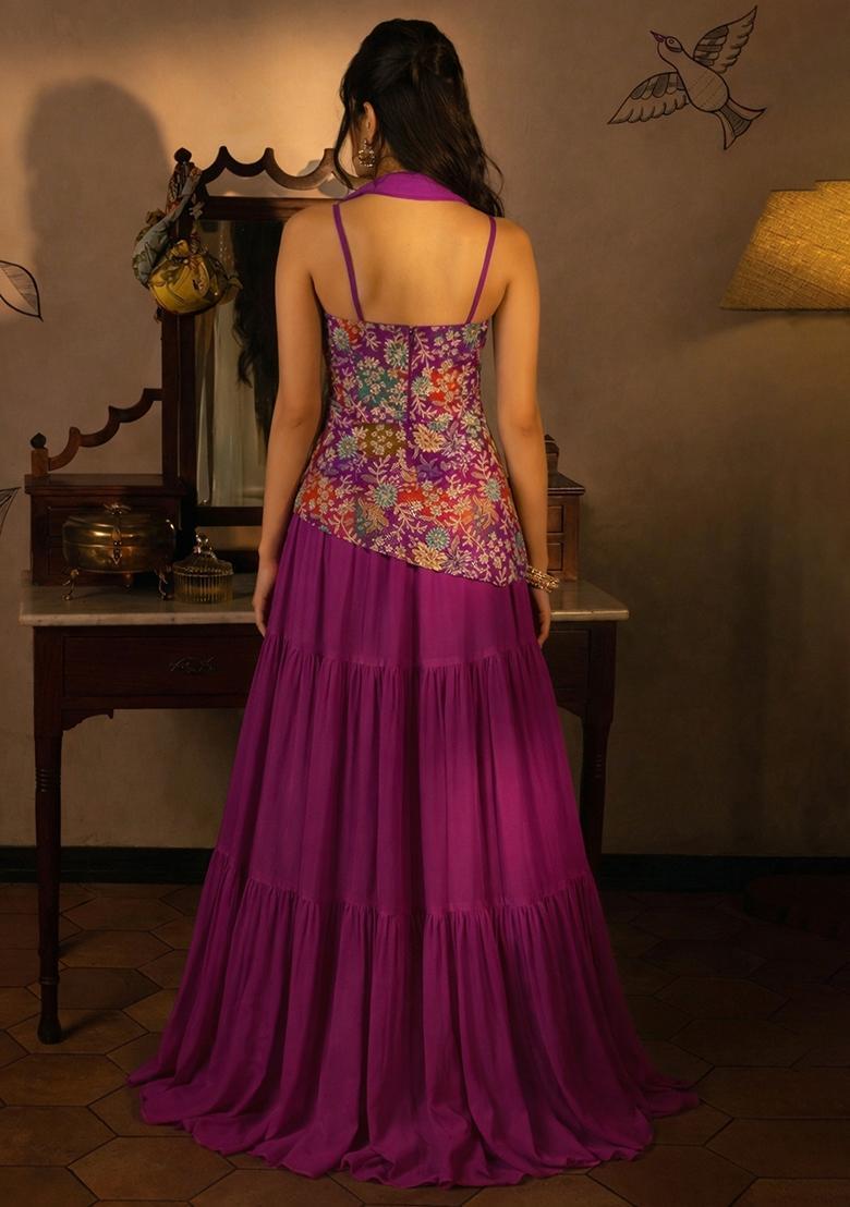 Purple Floral Print Crepe Sharara Set - Indya