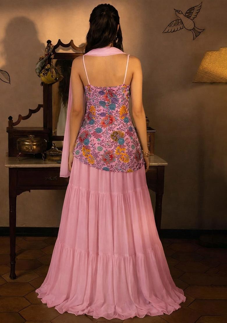 Soft Pink Floral Print Crepe Sharara Set - Indya