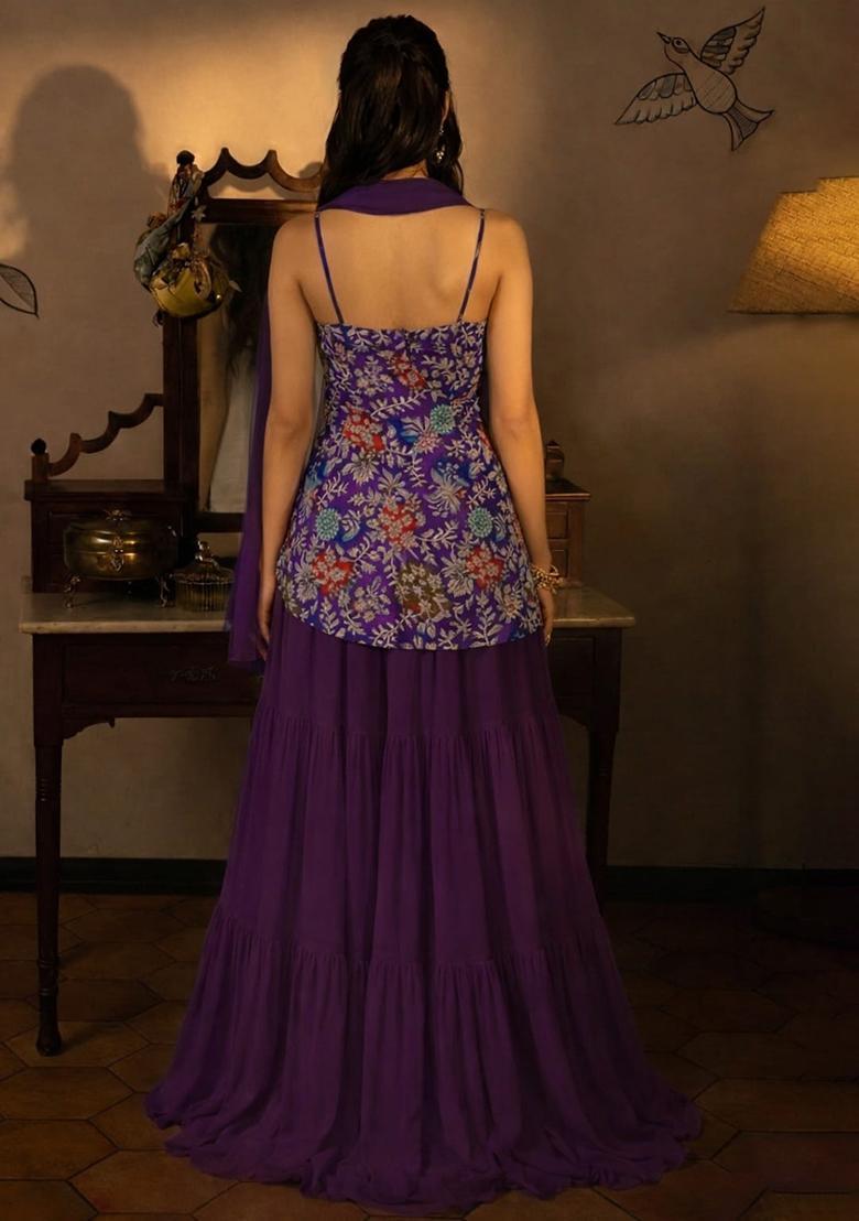 Purple Floral Print Crepe Sharara Set - Indya