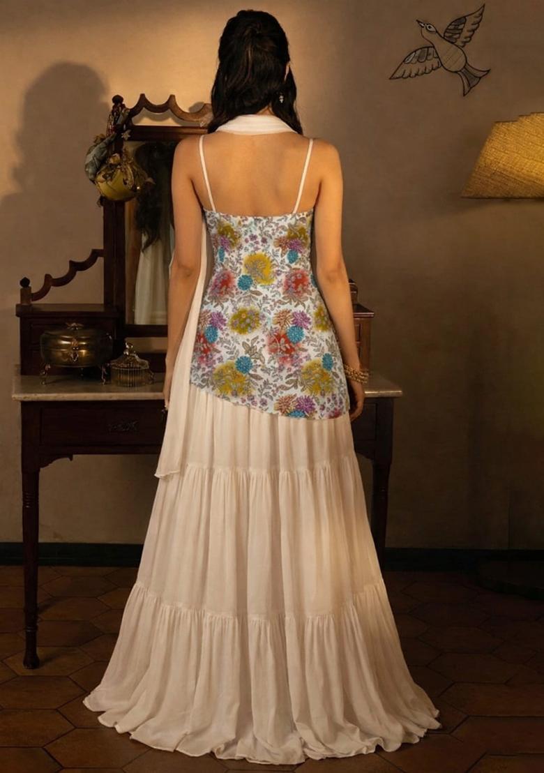 Beige Floral Print Crepe Sharara Set - Indya