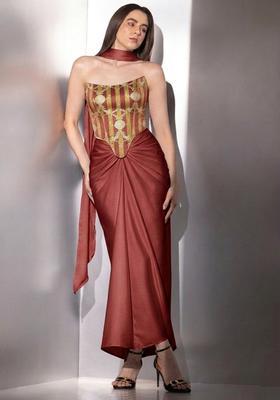Rust Brown Zari Satin Fusion Set