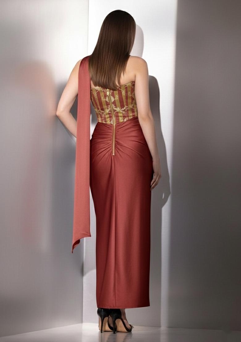 Rust Brown Zari Satin Fusion Set - Indya