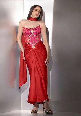 Red Zari Satin Fusion Set