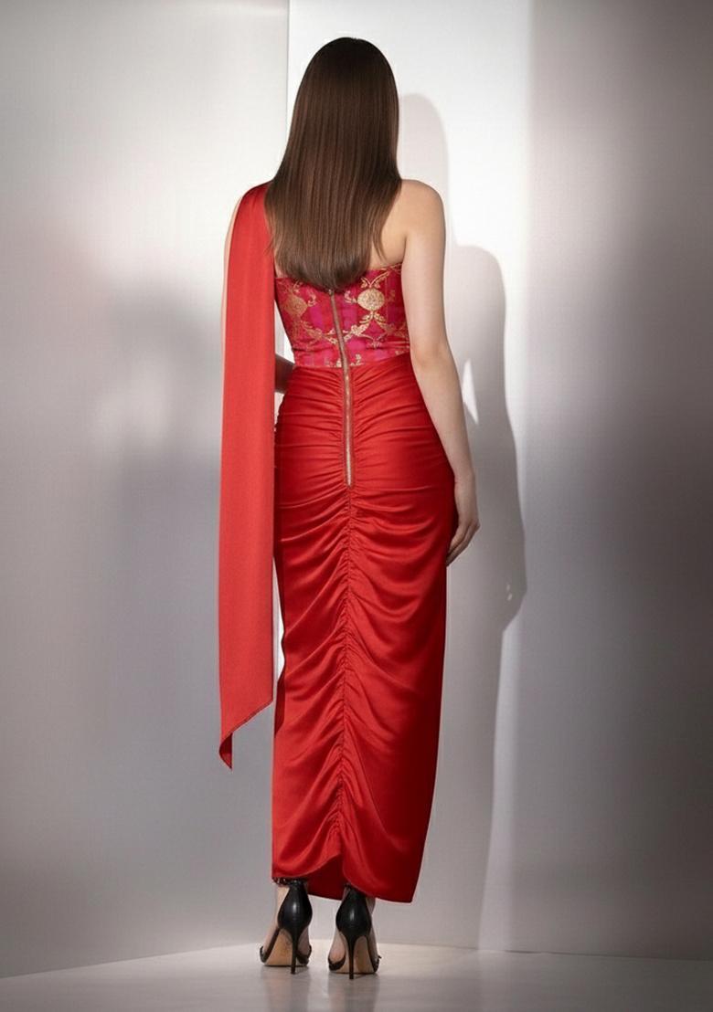 Red Zari Satin Fusion Set - Indya