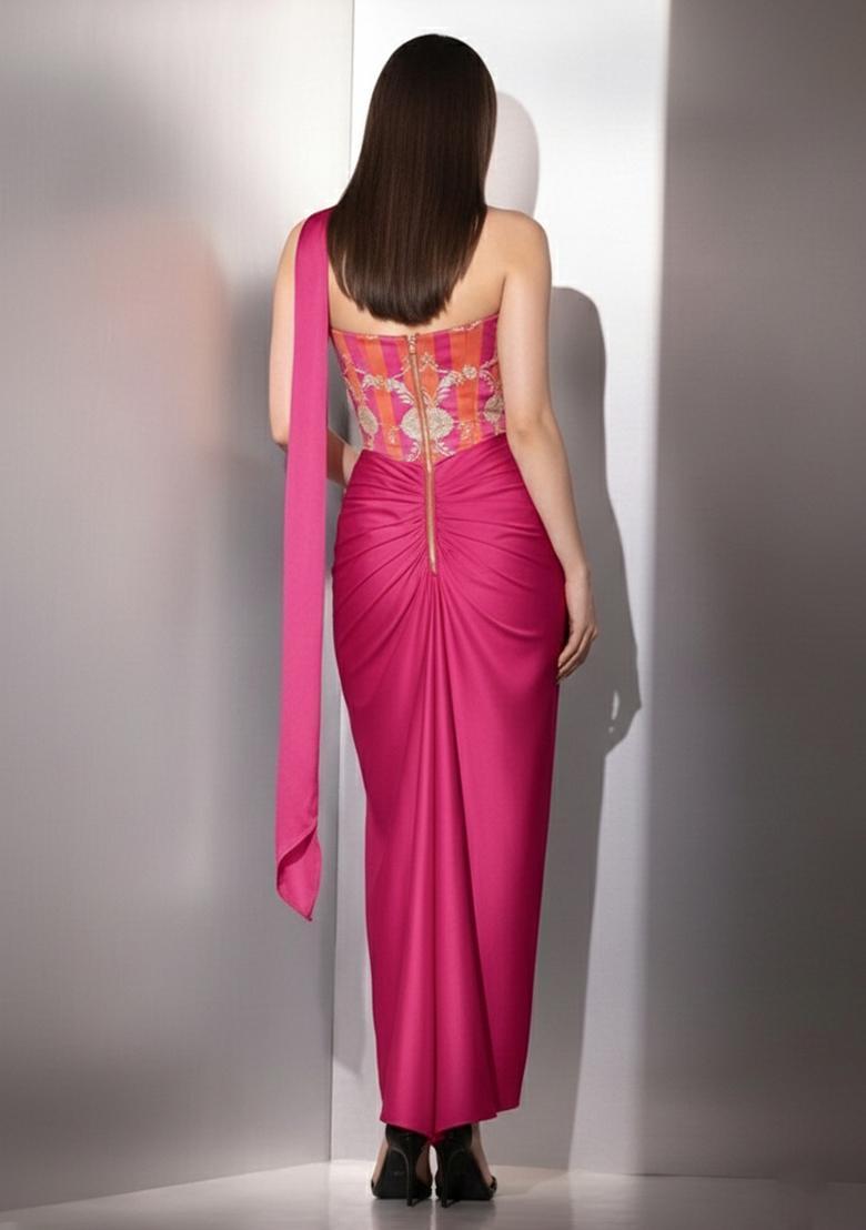 Pink Zari Satin Fusion Set - Indya
