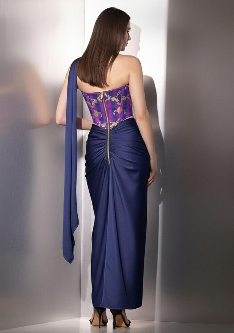 Navy Blue Zari Satin Fusion Set - Indya