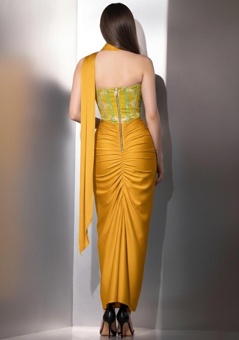 Yellow Zari Satin Fusion Set - Indya