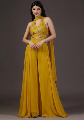 Yellow Embroidered Crepe Fusion Set