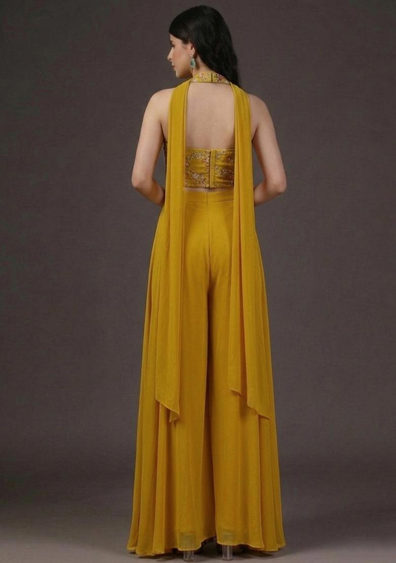 Yellow Embroidered Crepe Fusion Set - Indya