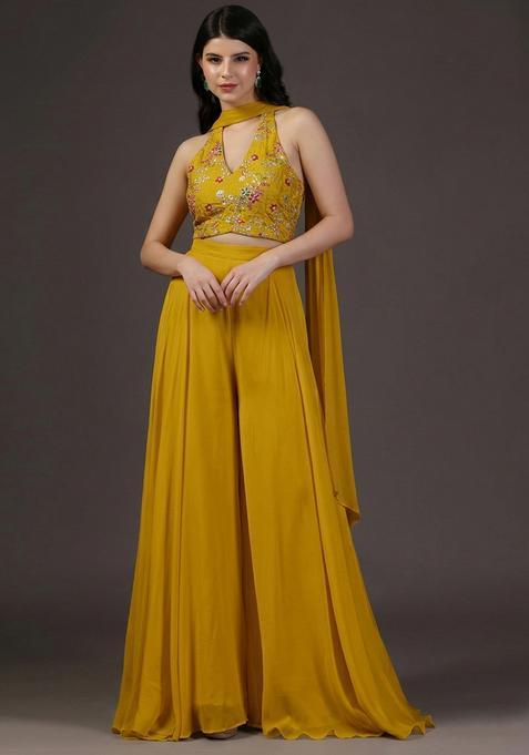 Yellow Embroidered Crepe Fusion Set