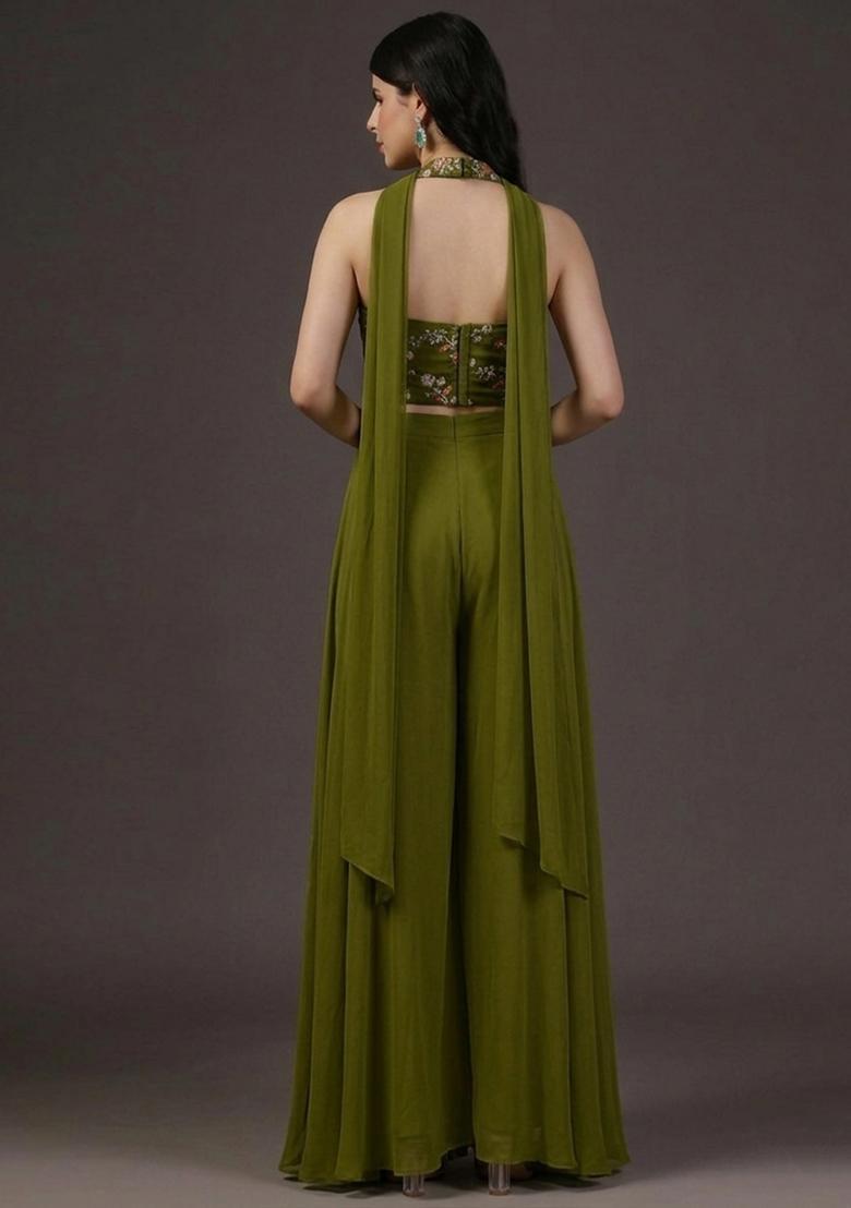 Olive Green Embroidered Crepe Fusion Set - Indya