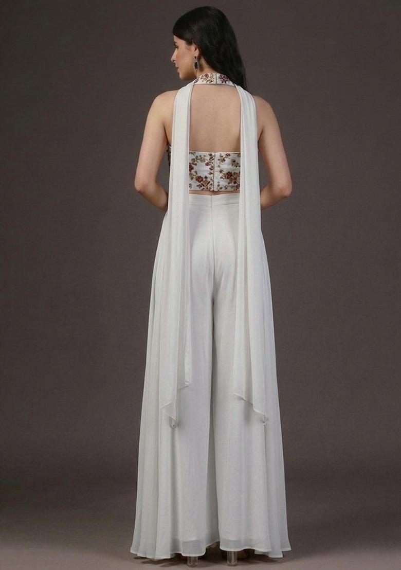 Ivory Embroidered Crepe Fusion Set - Indya
