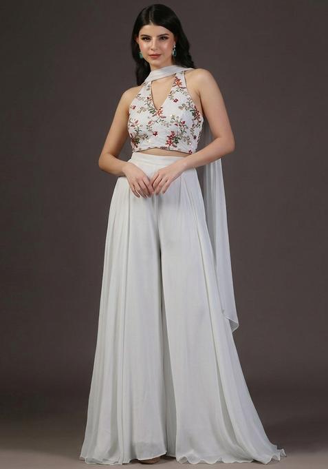 Ivory Embroidered Crepe Fusion Set