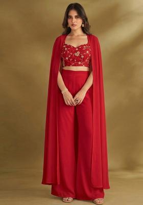 Crimson Red Embroidered Crepe Fusion Set