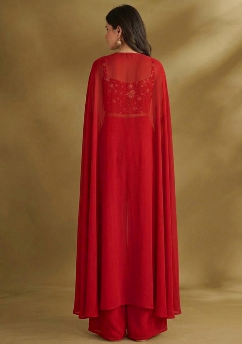 Crimson Red Embroidered Crepe Fusion Set - Indya