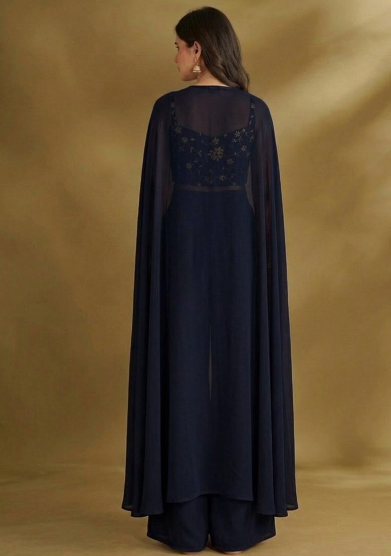 Navy Blue Embroidered Crepe Fusion Set - Indya