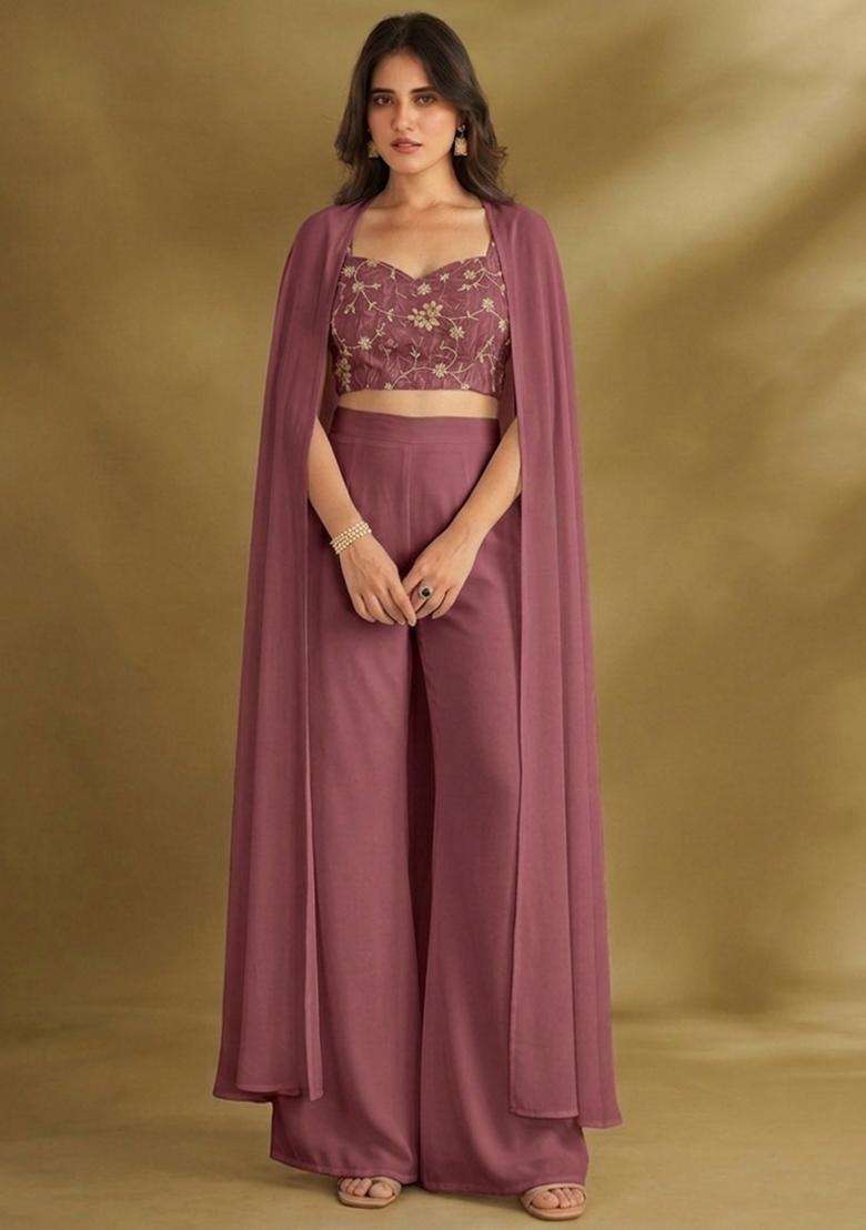 Light Wine Embroidered Crepe Fusion Set - Indya