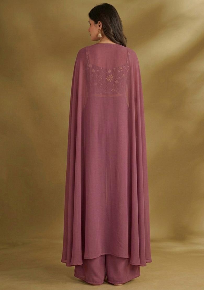 Light Wine Embroidered Crepe Fusion Set - Indya