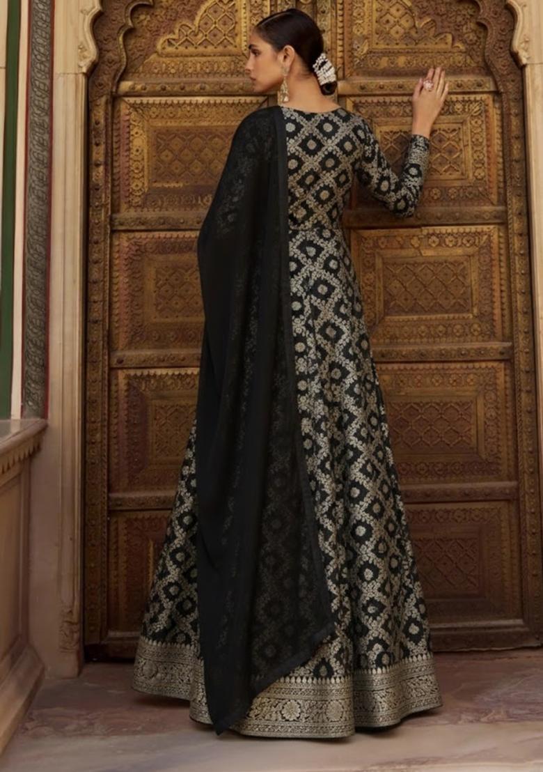 Black Silk Blend Anarkali With Dupatta - Indya