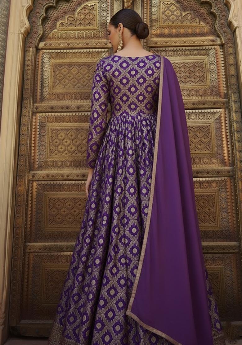 Purple Silk Blend Anarkali With Dupatta - Indya