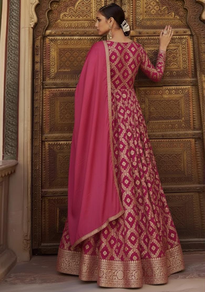 Hot Pink Silk Blend Anarkali With Dupatta - Indya