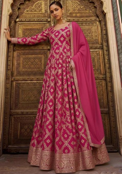 Hot Pink Silk Blend Anarkali With Dupatta