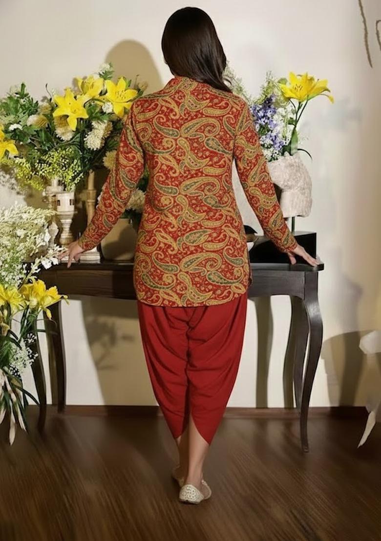 Rust Embroidered Crepe Kurta Set - Indya