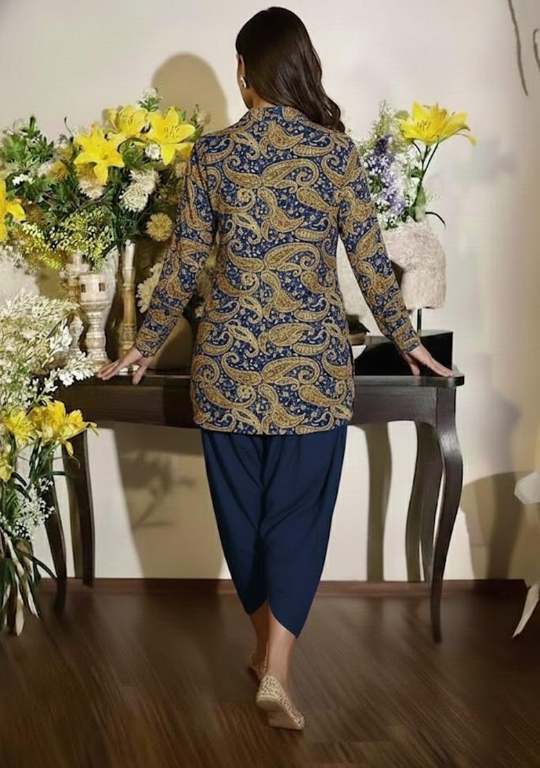 Navy Blue Embroidered Crepe Kurta Set - Indya