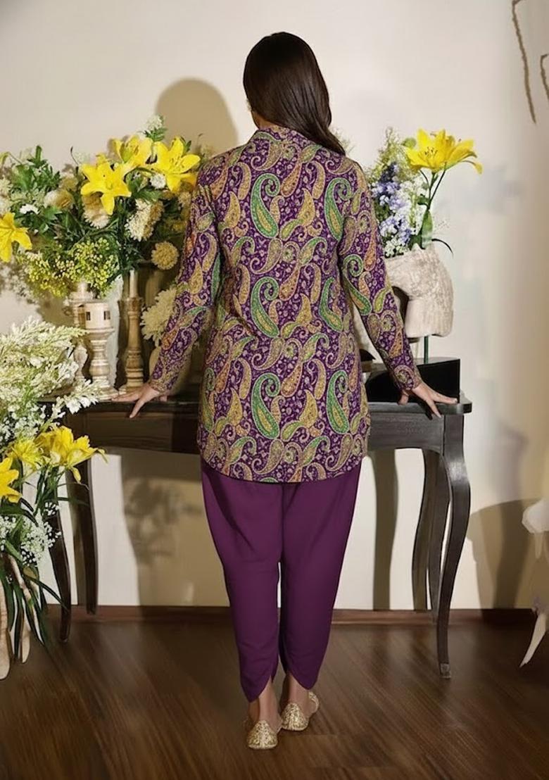Purple Embroidered Crepe Kurta Set - Indya