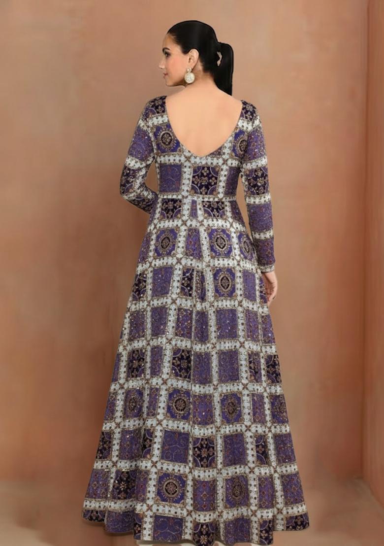 Navy Blue Printed Crepe Anarkali - Indya