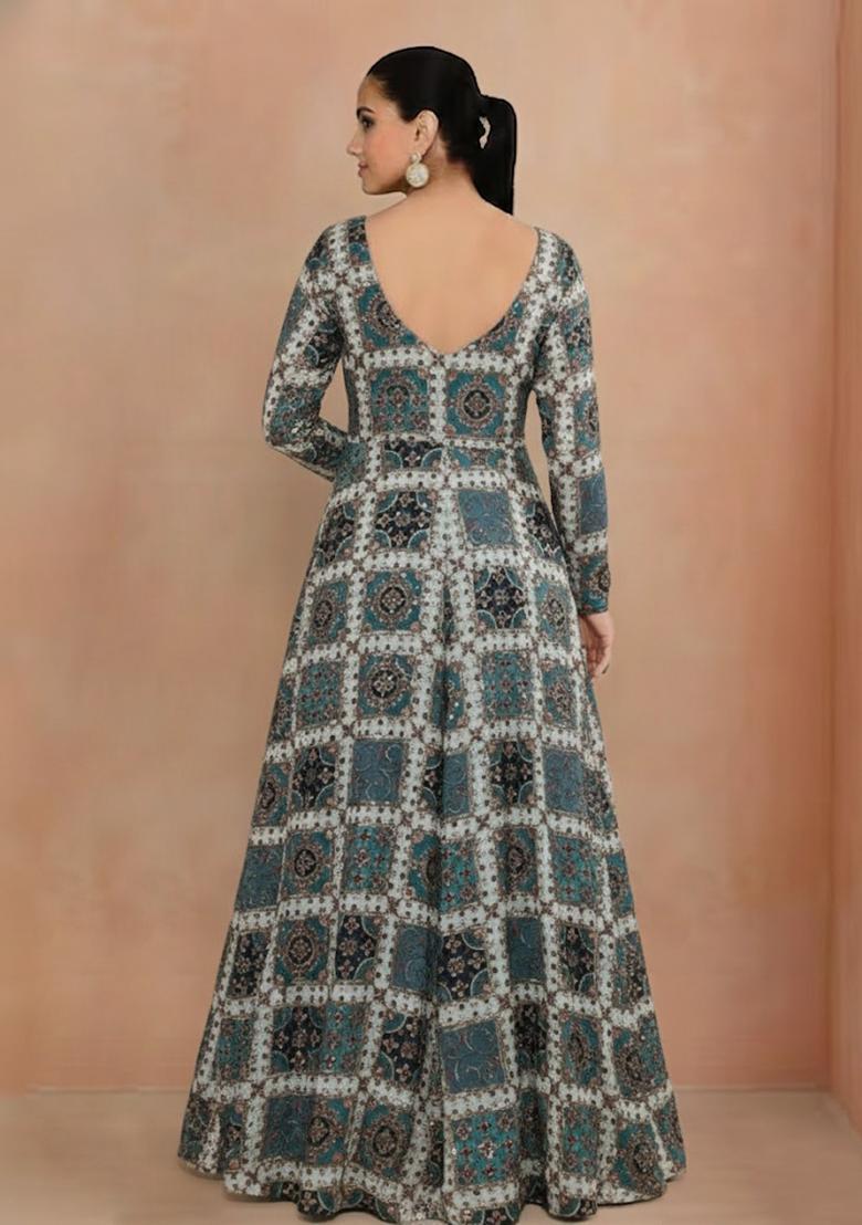 Seafoam Green Sequin Crepe Anarkali - Indya